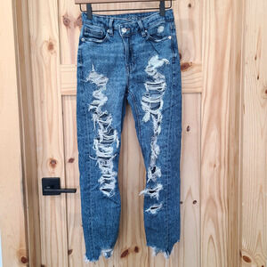 American Eagle Highest Rise Mom Jeans Distressed Destroyed Blue Size 00 Short